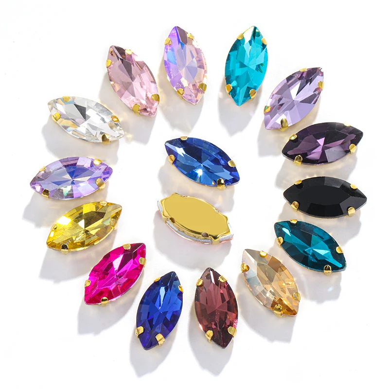 Gold Leaf Crystal Rhinestones Hand Sew On Glass Stones Ornament Diamond Beads Dress DIY Crafts Claw Drill Accessories