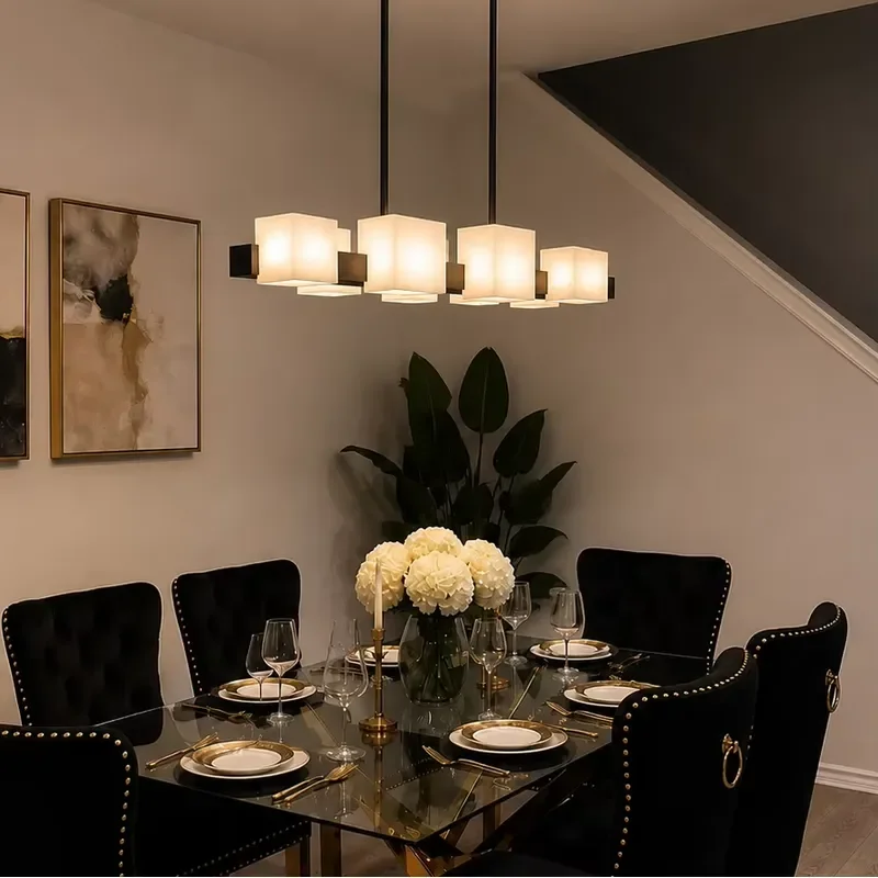 Natural Alabaster Metal Rectangle Pendant Light Modern Style Home Dining Living Room Villa Hanging Chandelier