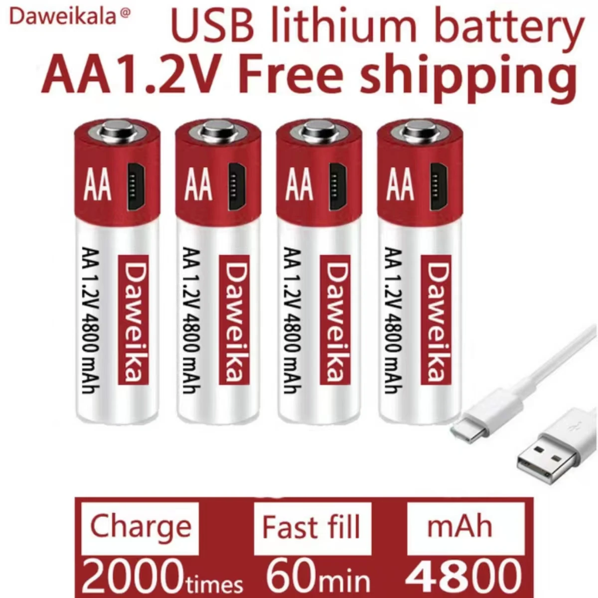 AA rechargeable lithium battery, 1.2V USB rechargeable AA battery, AA, 4800mAh, toy mouse remote control, free delivery CE  FCC