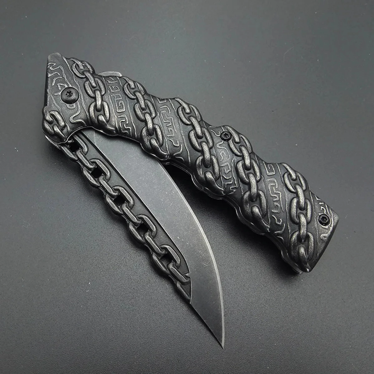 Embossed chain steel handle folding knife Stainless steel outdoor wilderness pocket knife Hiking carry-on camping knife