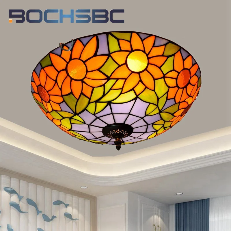 BOCHSBC Tiffany style stained glass Blue Sunflower Dream 16-inch ceiling light for dining hall hallway balcony bedroom LED decor