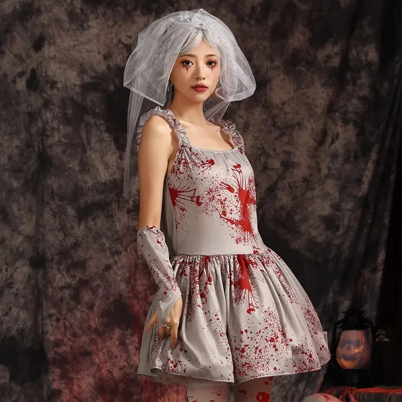 New style masquerade Horror Scary Bloody Zombie Bride Costume for Girls Child Kids Tween Teens Halloween Fancy Dress