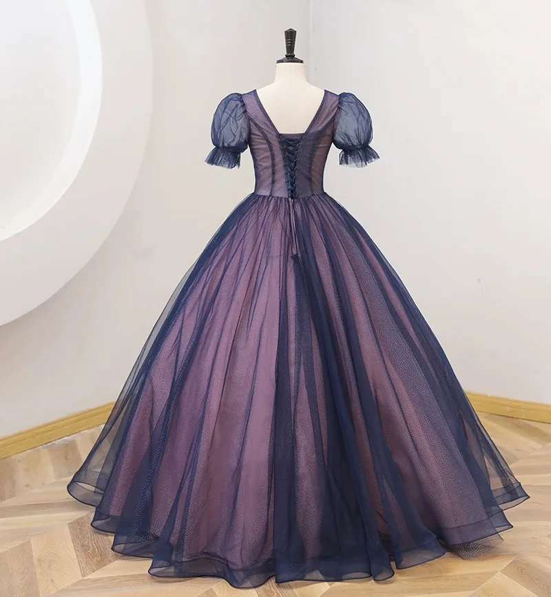 Vestidos De Quinceañera De princesa azul marino, manga corta, cuello en V, apliques De lentejuelas, fiesta dulce 16, 15 Años