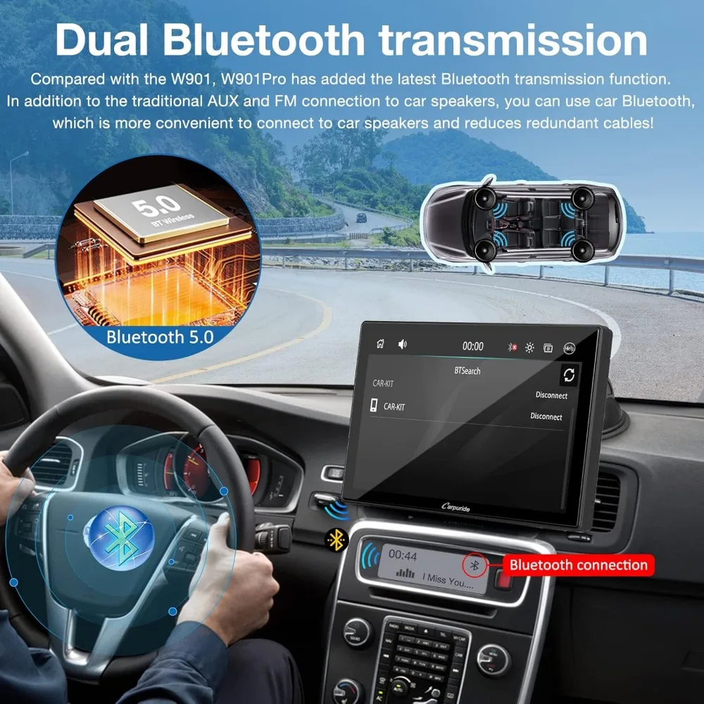 W901 Pro Portable Carplay & Android Auto with Dula Bluetooth, 9 inch 1080P Touch Screen, Mirror Link/GPS/Siri/FM, Support