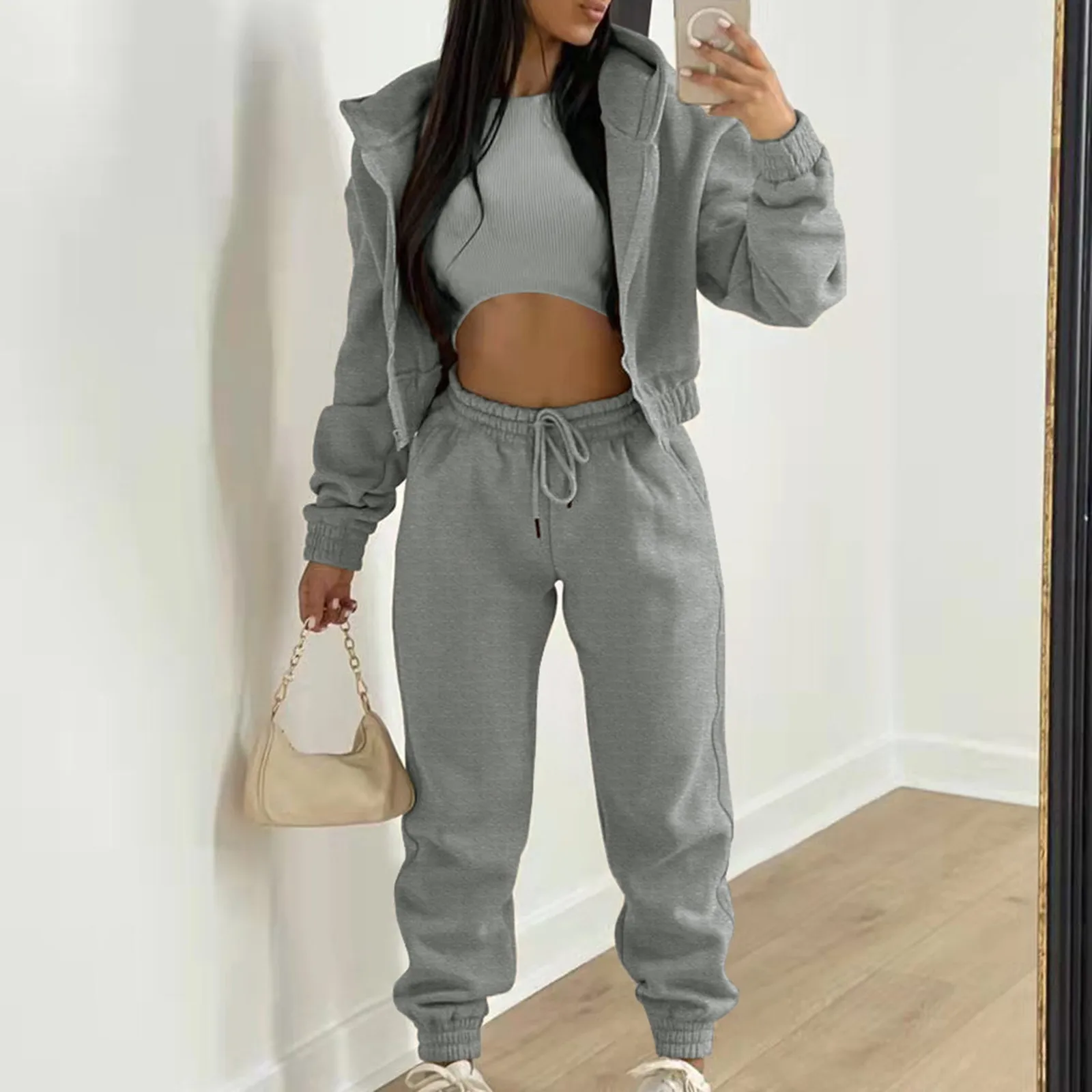 

Fashion Solid Color Zipper Hooded Sweatshirt Pants Casual Three Piece Set Women's Tracksuit Autumn And Winter Top Vest Pant Set