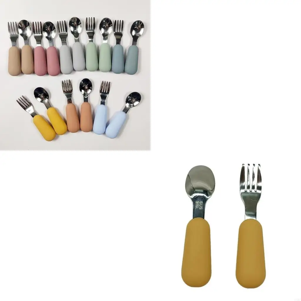 

Upgraded Baby Fork & Spoon Set Baby Training Utensils Feeding Toddler Silverware Silicone & Stainless Steel 2 Pack 4XBC