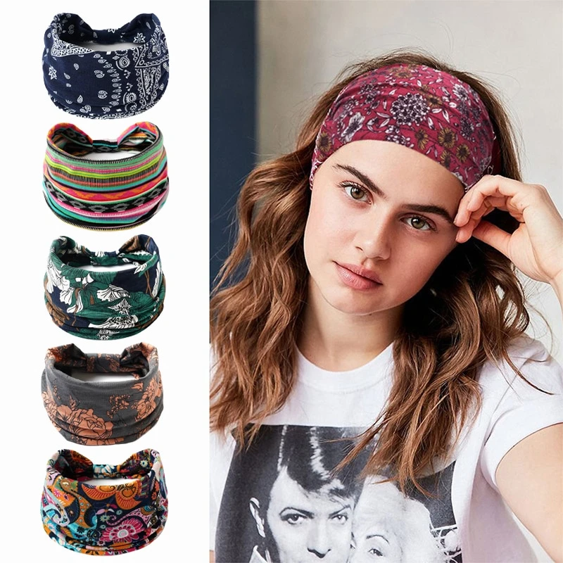 Styl boho elastyczne opaski do włosów opaska do jogi damskie nakrycia głowy drukuj Vintage krzyż unisex Scrunchies akcesoria do włosów