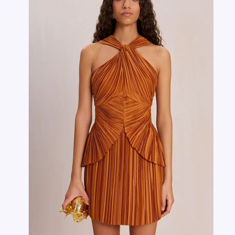 

New Arrival Evening Dresses Women Pleats Criss Cross Elegant Fashion Mini Prom Gown Celebrity Party Robes Classic Formal