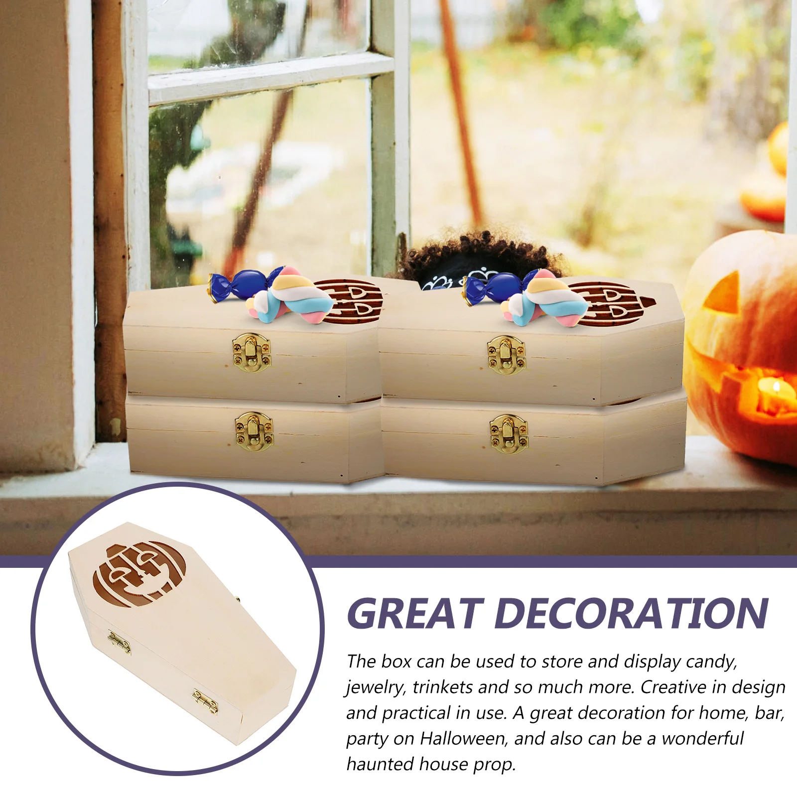 

Wooden Halloween Coffin Candy Jewelry Gift Storage Box Lightweight Clamshell Design With Lock For Party Home Decor Haunted House