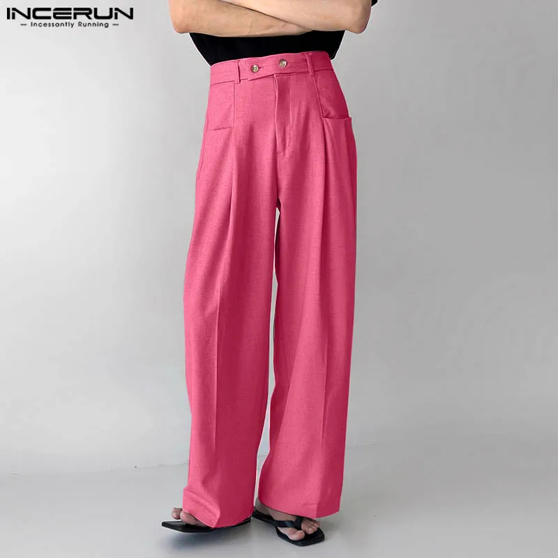 

INCERUN 2024 Korean Style Pantalons Fashion Men's Mixed Color Straight Leg Pant Casual Streetwear Male High Waist Trousers S-5XL