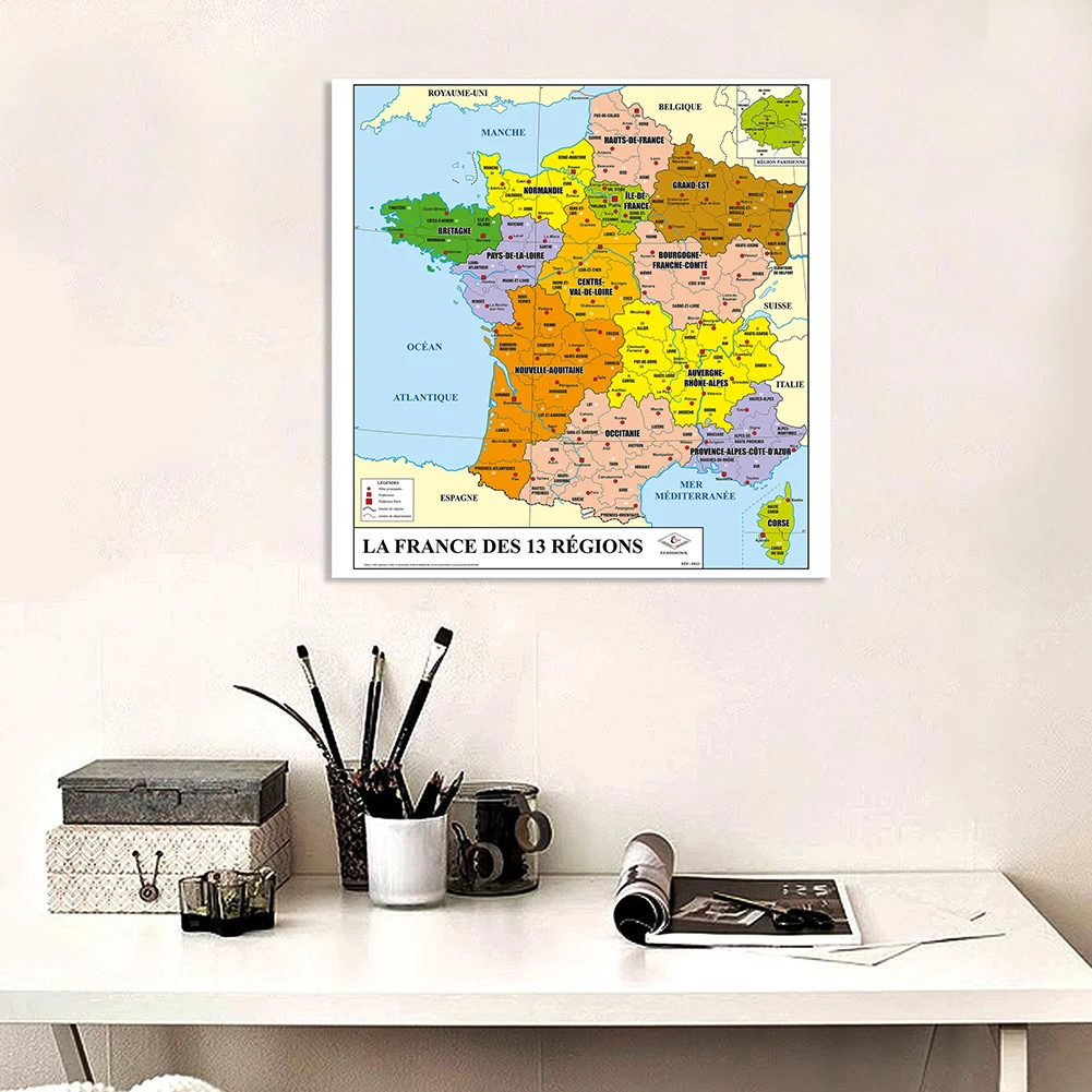 90*90cm Political Map of The France In French Non-woven Canvas Painting Wall Poster Classroom Home Decor School Supplies