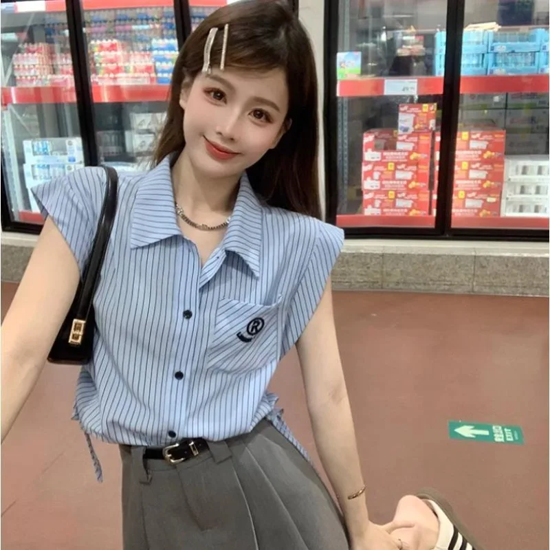 Preppy JK Japanese Kawaii Shirt Blue Striped Turndown Collar Button Up Shirt Side Drawstring Crop Tops College Students Clothing