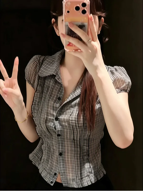 plus Size Women's American Retro Plaid Ruffle Short Sleeve Shirt Tie Waist Slim Fit Summer New Style Spicy Girl Top