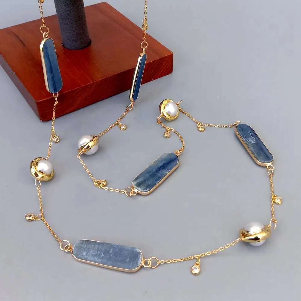 

KKGEM Natural 12x33mm Blue Kyanite Rectangle Connector 15mm Freshwater Cultured White Pearl Chain Long Necklace 18"