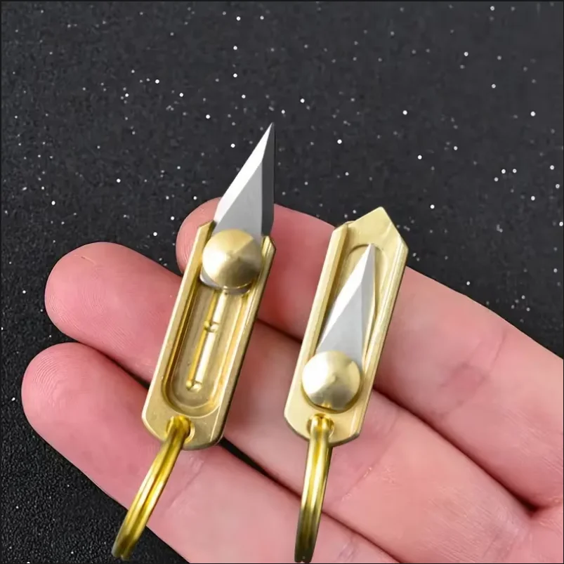 Brass mini knife, sharp push-pull knife, portable EDC keychain pendant, unpacking knife for express delivery and unboxing