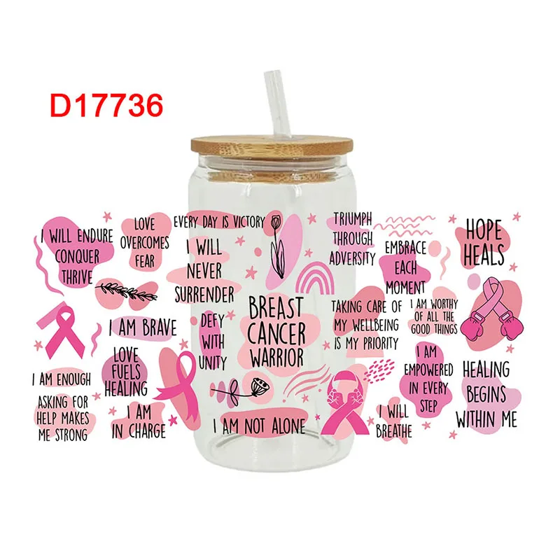 Caring For Breast Cancer Theme 3D UV DTF Transfer Sticker For The 16oz Libbey Glasses Wraps Bottles Cup Sticker D15909