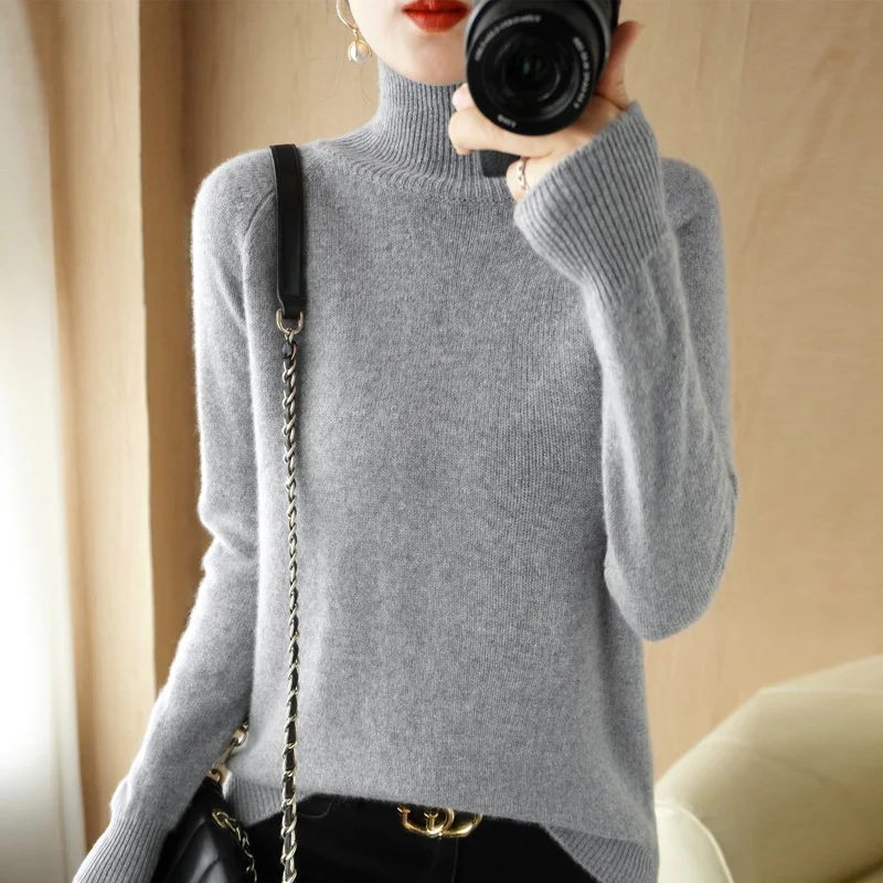 Women's High Polo Collar Pullover Sweater, Loose Monochromatic, Slim, Warm, Knitted, Boutique Fashion, Autumn, Winter, New, 2023