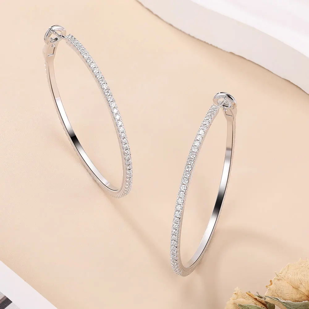 

M-JAJA S925 Silver 30/40/50mm Large Hoop Earrings Pave Set Inside Out 1.5mm Moissanite Fine Jewelry Statement Earrings for Women