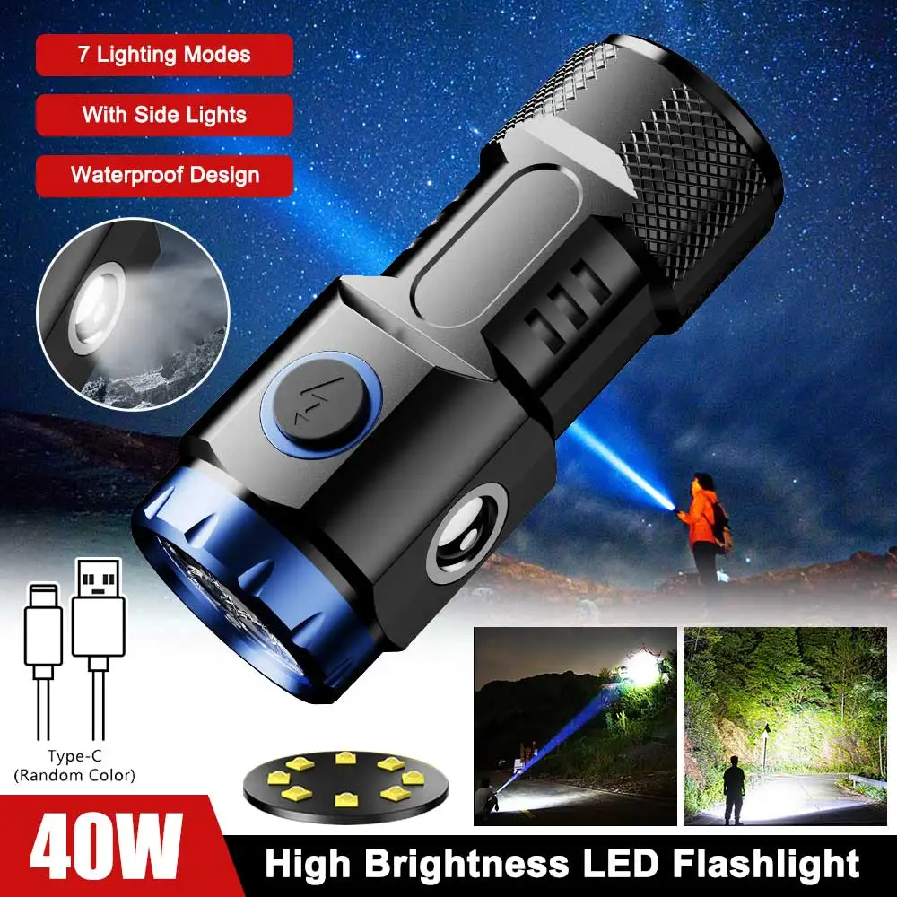 

40W Led Flashlights USB Rechargeable High Power Camping Spotlight with Side Light 6 Lighting Modes for Camping Adventure Outdoor