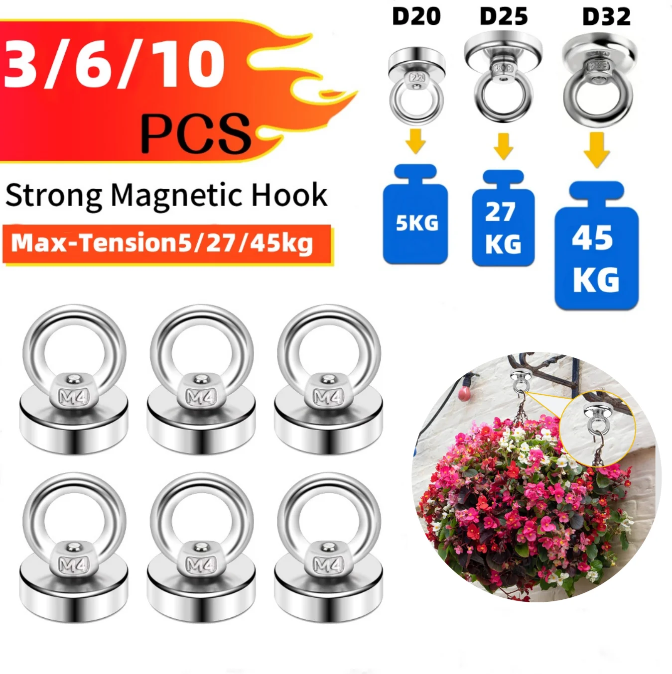 Heavy duty rare earth neodymium magnetic hook with countersunk lifting ring, suitable for households and kitchens