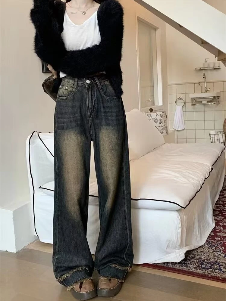 Estilo americano do vintage de cintura alta baggy perna reta jean feminino nova moda coreano alta rua calças jeans streetwear