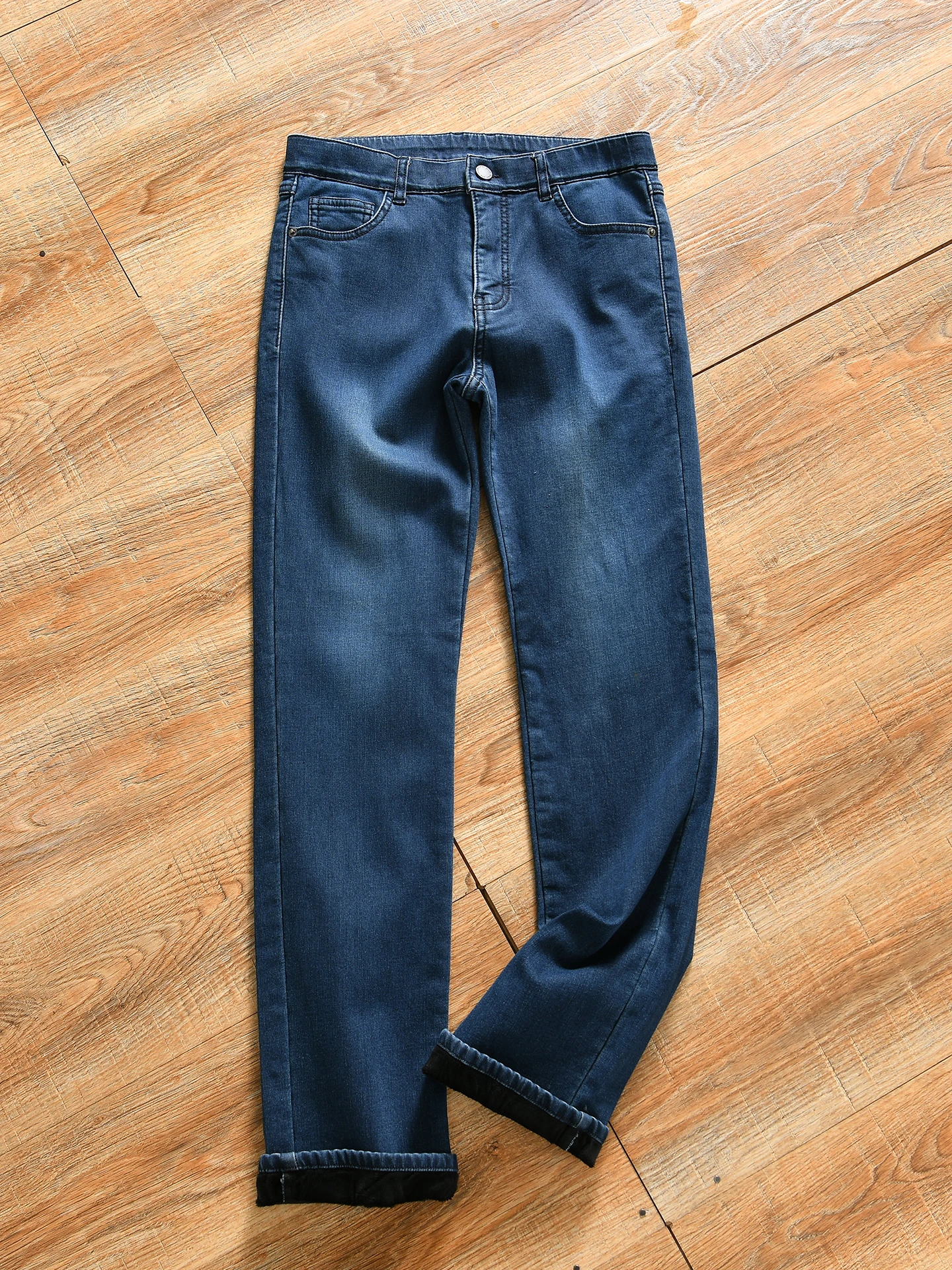 Men's Fashionable Straight Leg Jeans Single Fleece Warm Elastic Comfortable Autumn Winter Low Waist Zipper Casual Cotton Blend