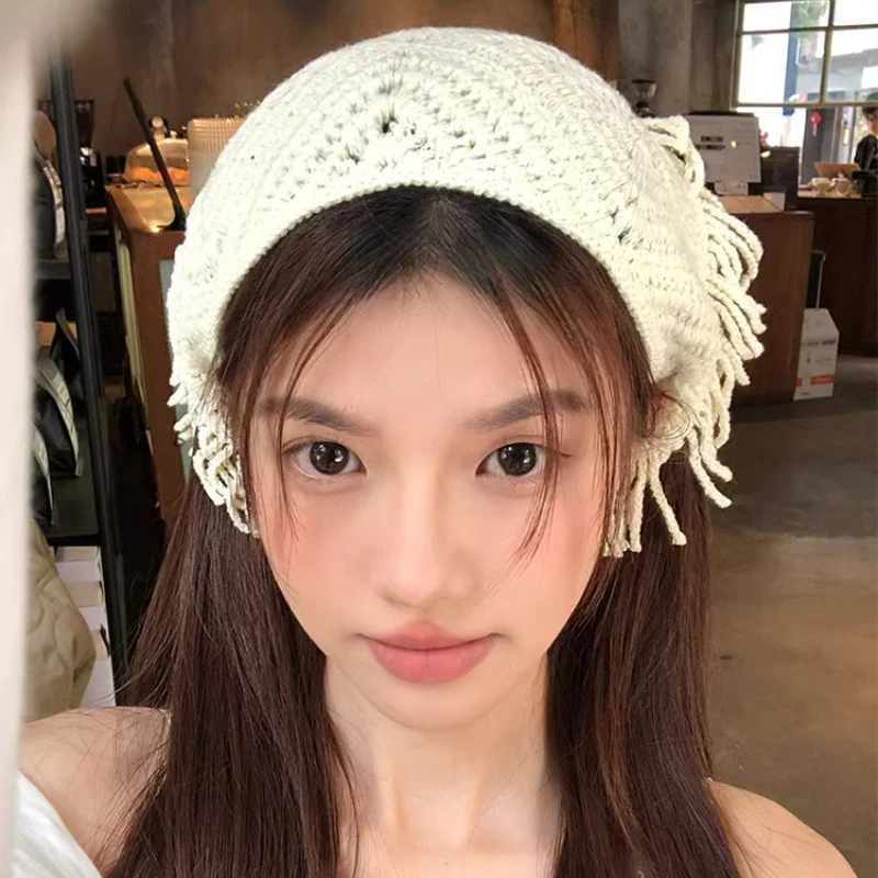 

Корейский атмосферный вязаный треугольный шарф для волос для женщин, весна-лето, путешествия, фото, универсальная милая повязка на голову в пасторальном стиле