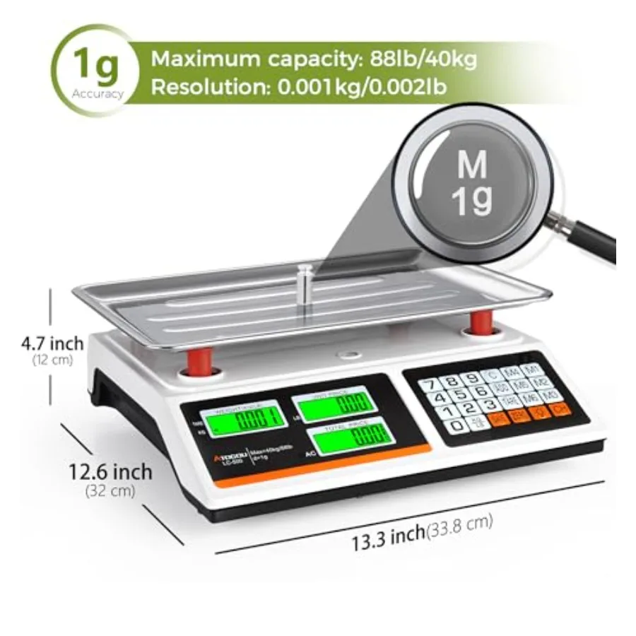 Commercial food kitchen scale for produce, farmers, markets, meat: 88lb/40kg price computing scale with dual-sided display, pre