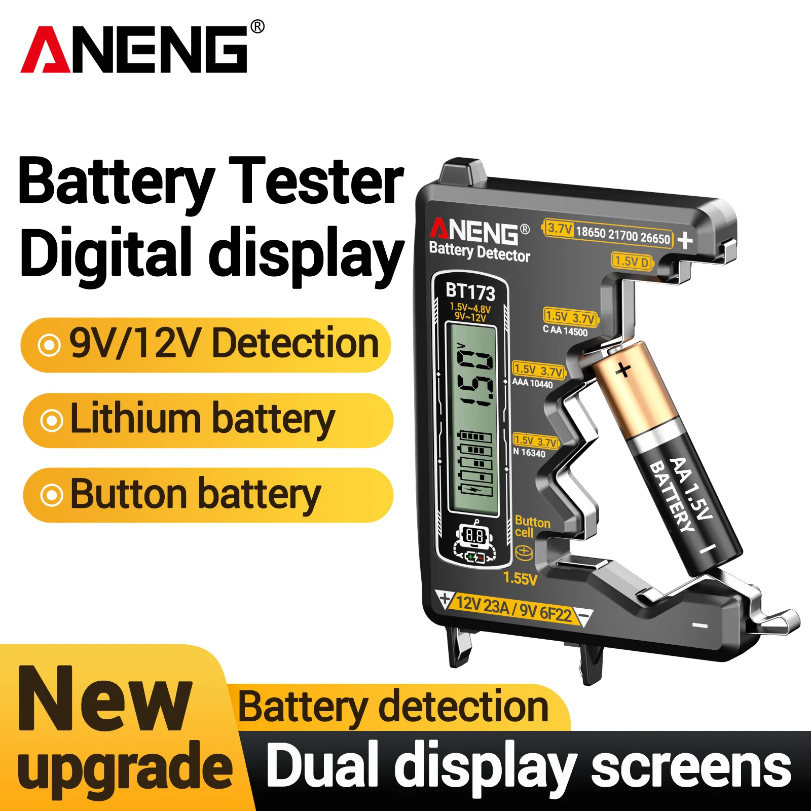 ANENG BT173 Universeller Batterietester für C D AA AAA N 9V Knopfzellen 18650 21700 Lithium-Batterien Keine Stromversorgung Erforderlich Visuelle Digitalanzeige