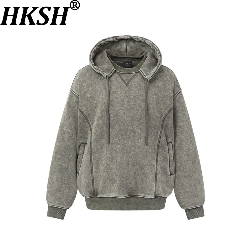 HKSH Outono Novo Moletom com Capuz de Lã para Homens, Estilo Vintage Desconstruído com Patchwork, Cor Sólida, Jaqueta de Rua, Tendência HK28678