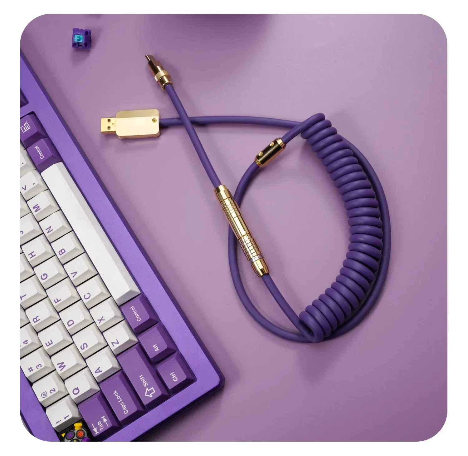 GeekCable Customized Mechanical Keyboard Data Line Top With Gold Hardware Super Elastic Rubber Purple