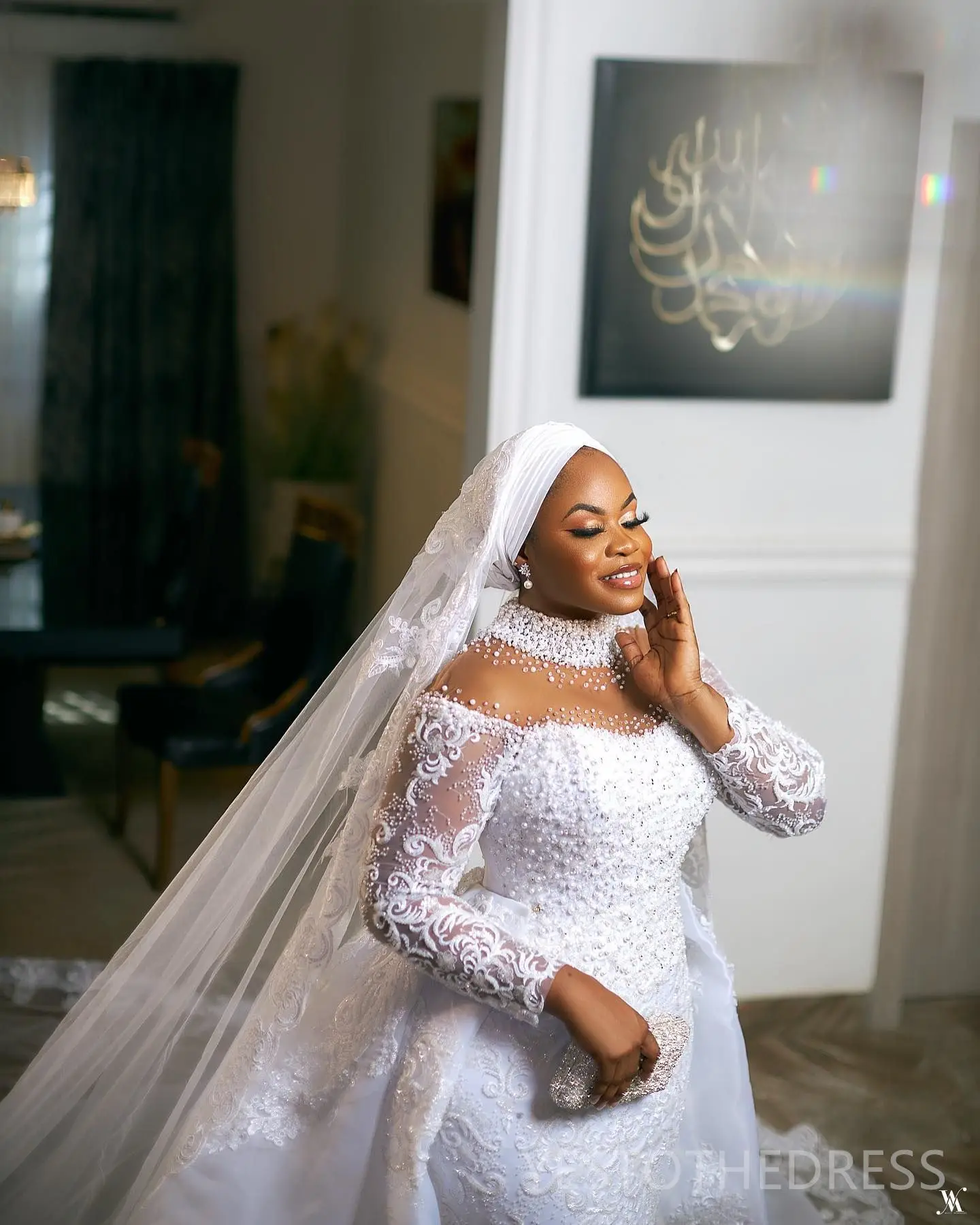 EVLAST ที่กำหนดเองแอฟริกันชุดแต่งงานนางเงือกคอสูงแขนยาวลูกปัดลูกไม้แอพพลิเคชันชุดเจ้าสาวเดรส เดอ โนเวีย E3W31