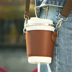 Portable Water Cup Bag 2024 PU Leather with Strap Leather Cup Holder Cup Protective Cover Milk Tea Cup/Coffee Mug