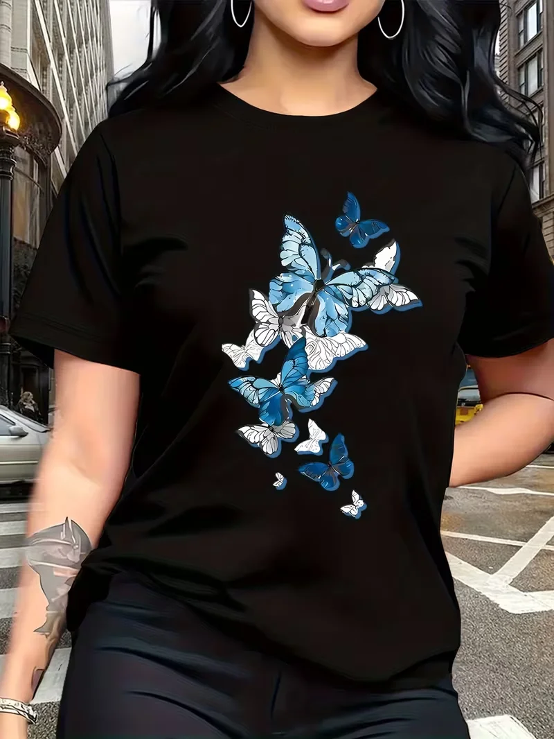 Butterfly Print Fashion Breathable T-Shirt for Family Travel, Campus, Casual S, Daily Commute, Sister Outfits, Versatile T-Shirt