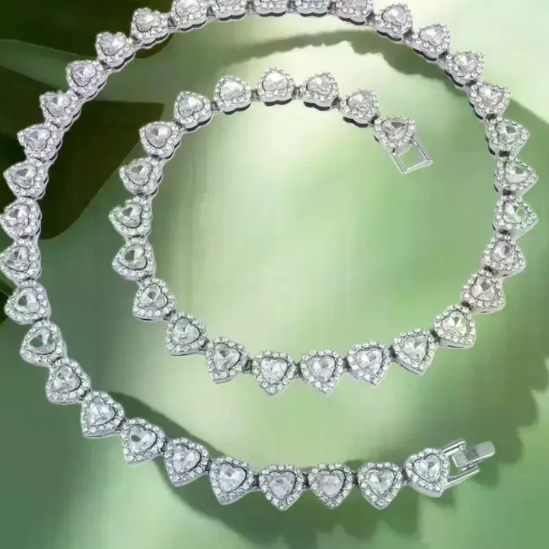 45CM 신상 힙합 테니스 체인 팔찌 목걸이 반짝이는 하트 모양 큐빅 지르코니아 패션 록 파티 주얼리