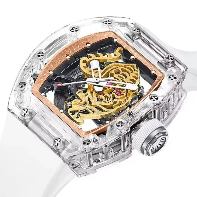 CRONUSART Men Automatic Watch 50mm Tonneau Mechanical Wristwatch Acrylic Case Luminous Waterproof Skeleton Tiger Dial FKM Strap