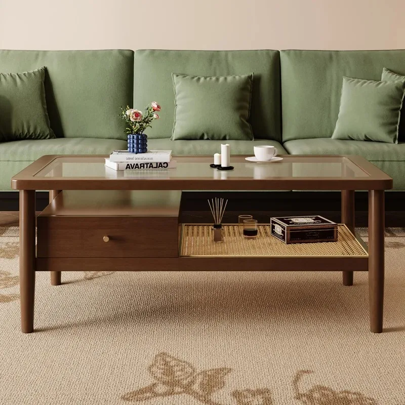 American retro solid wood coffee table, small low side table in the living room, glass rattan table