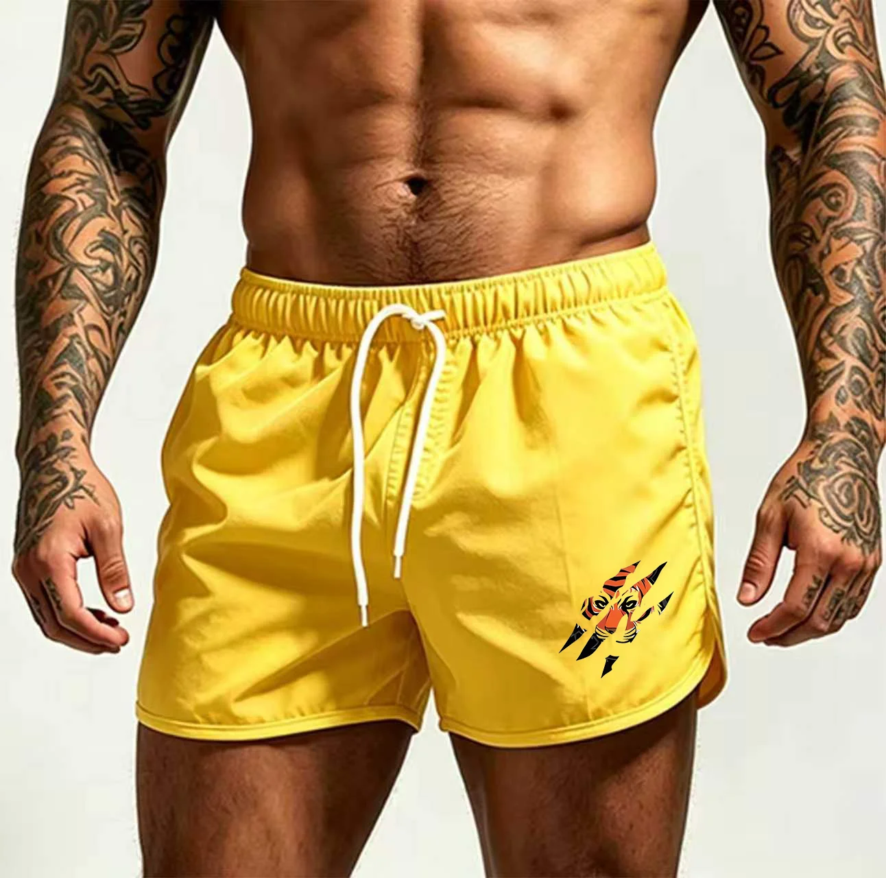 Claw Mark Tiger Head Men's Quick-Dry Swim Shorts Summer Beach Shorts Stretch Drawstring Waist Sports Running Fitness Swim Trunks