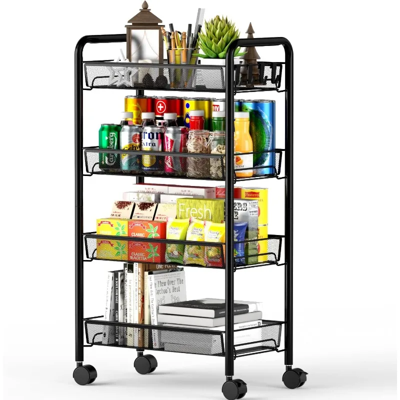 

4 Tier Mesh Wire Rolling Cart, Kitchen Storage Organizer Utility Cart, Full Metal Basket Storage Art Trolley Carts with Wheels