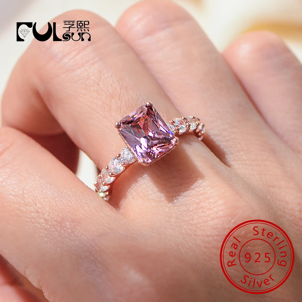 

925 Sterling Silver Ring Jewellery Full zircon Rose Gold Plated Square Zircon Engagement Wedding Rings Jewelry Women