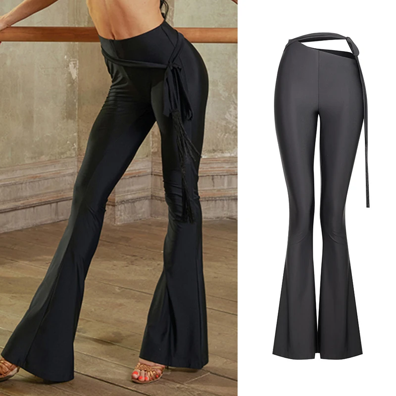 Strap Waist Latin Dance Pants Women Cha Cha Rumba Ballroom Dance Practice Clothes Black Latin Trousers Adult Dancewear NV21085