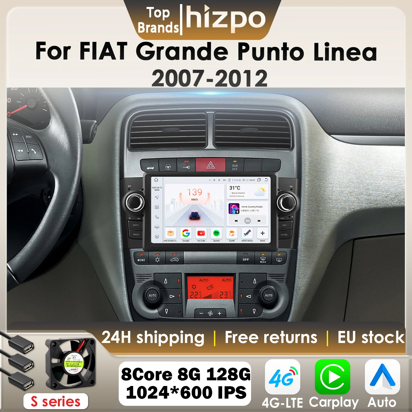 Hizpo CarPlay Android Auto Radio Per FIAT Grande Punto Linea 2007-2012 AI Auto Lettore Multimediale GPS 4G autoradio Octa Core 7862