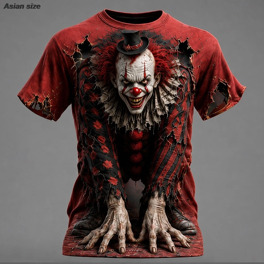 T-shirt 3D à manches courtes pour homme, effet d'illusion optique, clown effrayant, col rond, pour Halloween, soirées horror, streetwear