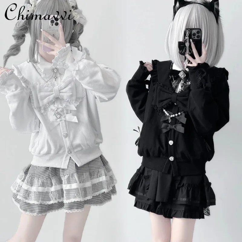 

Original Japanese Sweet Cool Girl Patchwork Lace Sailor Collar Short Jacket Autumn New Cute Bow Long Sleeve Black and White Coat