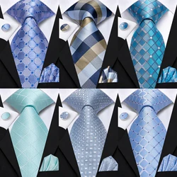 Hi-Tie Fashion 8.5cm Blue Plaid Dots Men's Elegant Tie Handkerchief Cufflinks Set Wedding Party Accessories Gift for Men Gravats