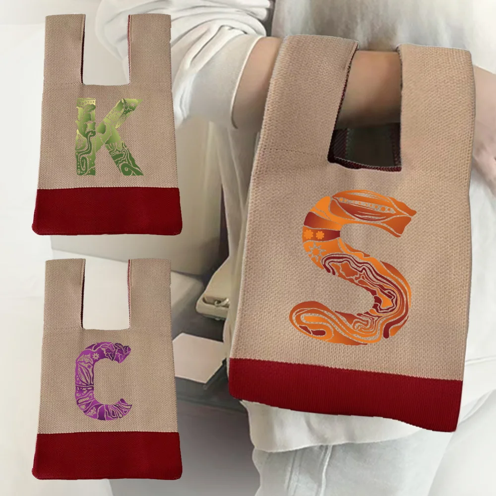 Wrist Tote Bag Handmade Knit Handbag Shopping Knot Wrist Bags Coin Purse Organizer Wallet Autumn Winter Engrave Image Series