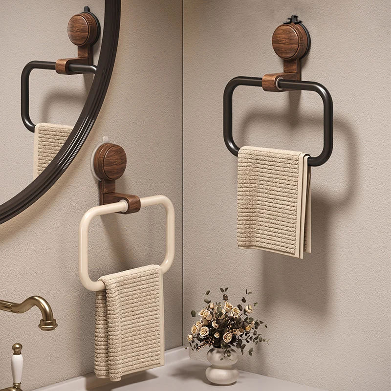 

Vintage Walnut Wood Towel Ring Mount Suction Cup Bathroom Towel Holder with Frame Removable Towel Rack for Bathroom Decor