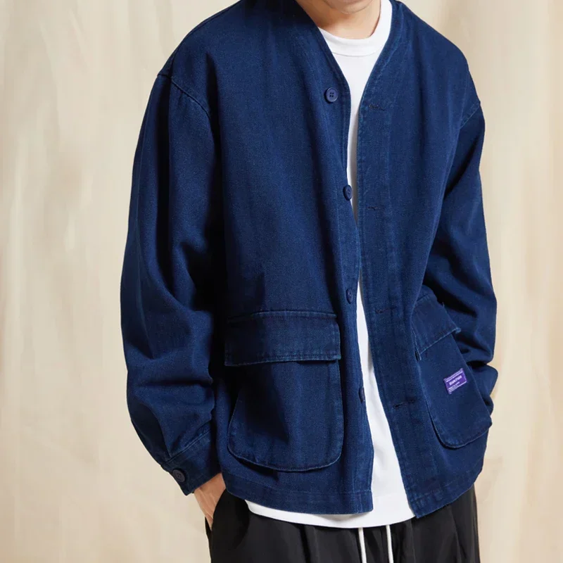 Japanese Minimalist Blue Dyed Cardigan Coat  Autumn New Item Collarless Casual Jacket Men's Trend