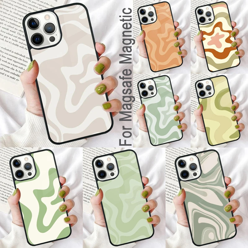 Liquid Swirl Abstract Pattern in Beige and Sage Magnetic Phone Case for iPhone 16 Promax 15 Pro 13 14 Plus 11 12 Mini MagSafe