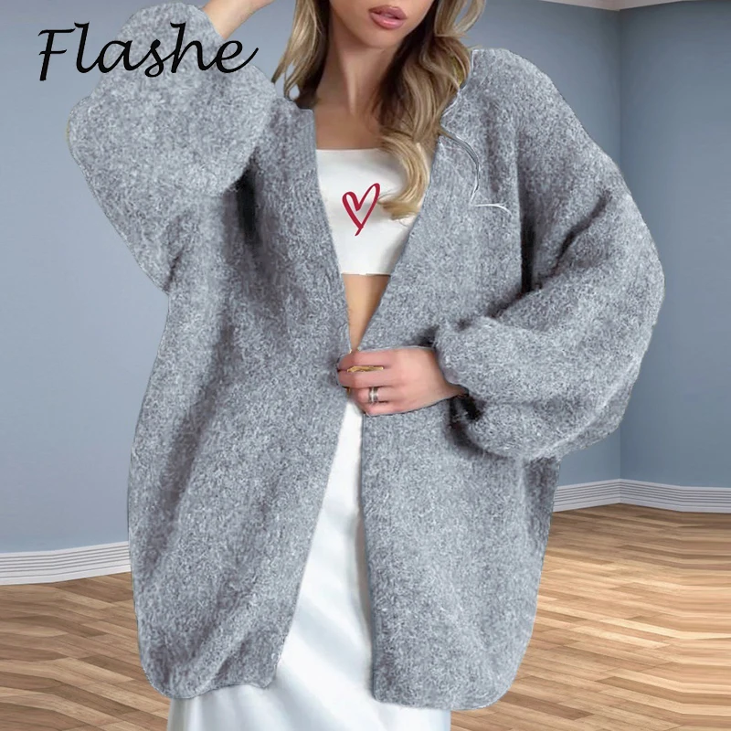 

Autumn Winter Women's Cardigan Fashion Loose Long Sleeve Knitted Sweater Coat Women Casual Open Front Drop Shoulder Jacket